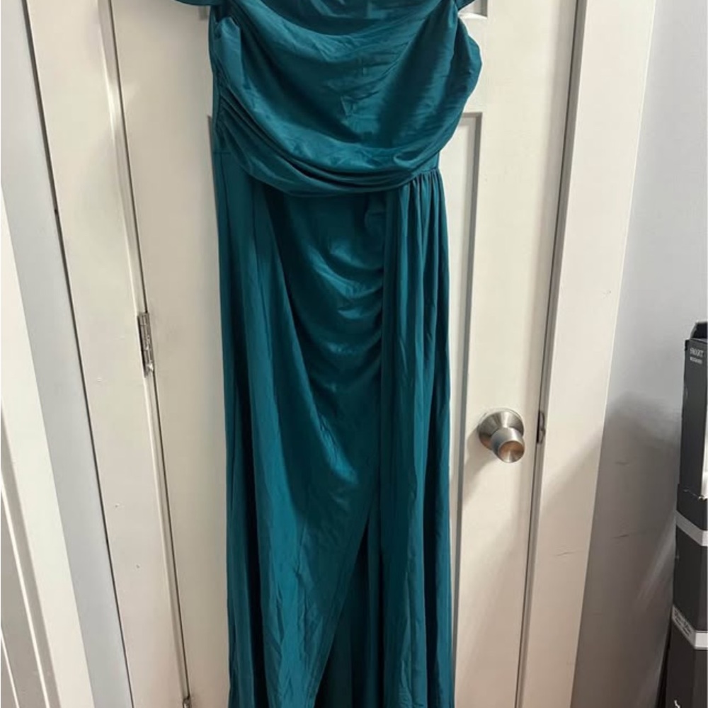 Teal Draped Evening Gown - Women Dresses